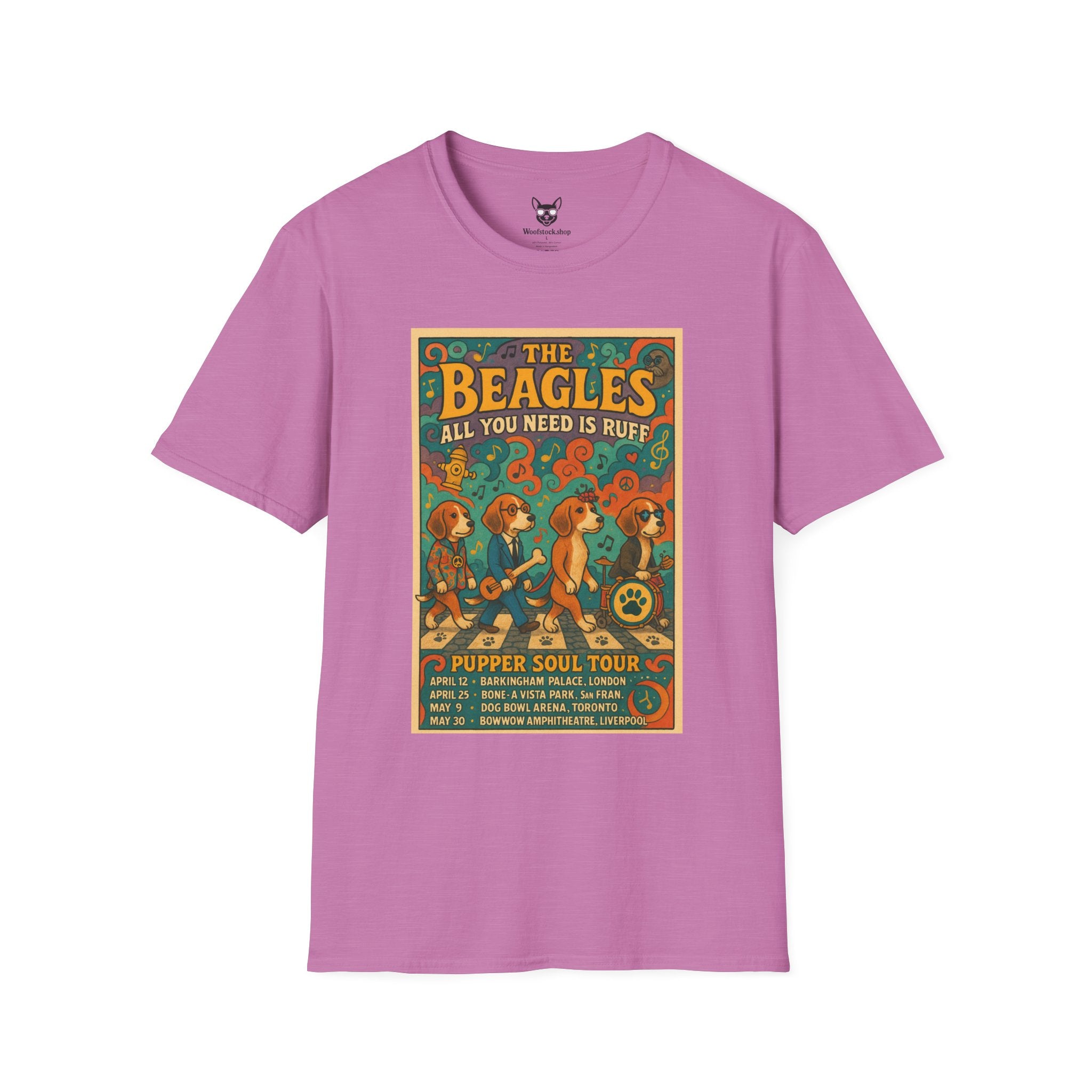 The Beatles Concert Poster Dog Parody Unisex Softstyle T-Shirt -- Funny Dog Concert Tee for Music and Dog Lovers